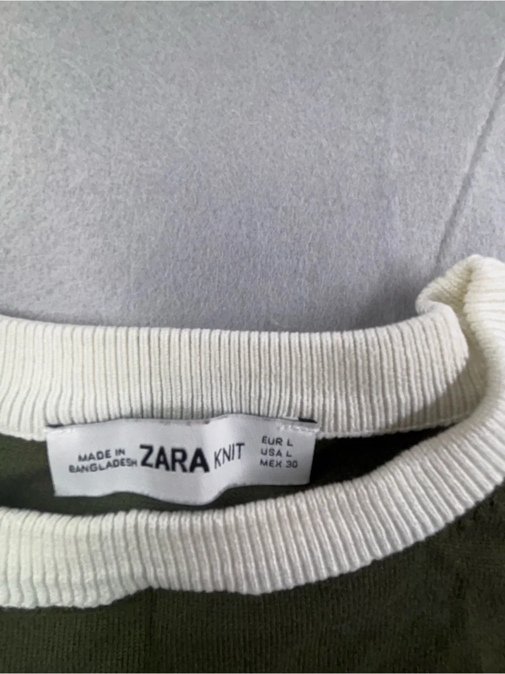Zara Olive Green Crewneck Sweater with Cream Sleeve‎ Stripes